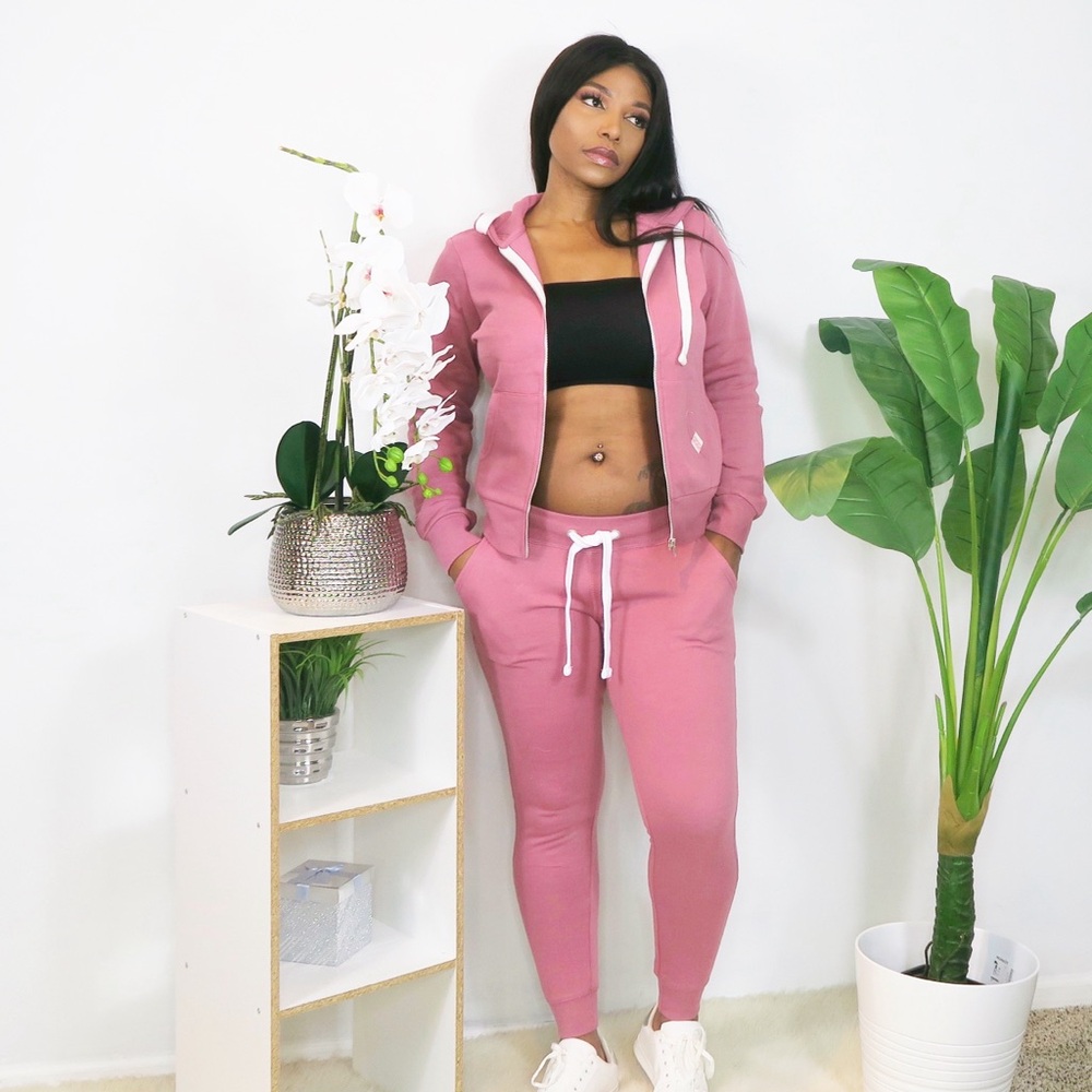 Women's Pink Hooded Jogger Jumpsuit Set - Casual Two-Piece